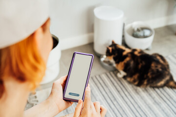 Female hands holding smartphone and using application to control cat food dispenser. Cat eating...