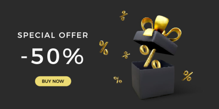 Special offer and discount sale in dark color. Black open gift box with percent sign in gold color and falling small persentage symbols