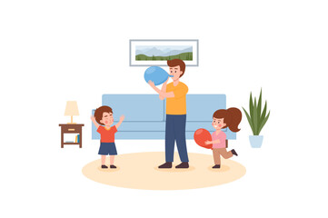 Happy family inflate balloons together, father with son and daughter - flat vector illustration isolated on white.