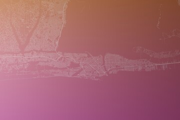 Map of the streets of Cotonou (Benin) made with white lines on pinkish red gradient background. Top view. 3d render, illustration