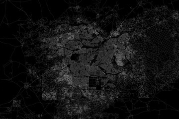 Stylized map of the streets of Ouagadougou (Burkina Faso) made with white lines on black background. Top view. 3d render, illustration