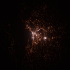 Burlington (Vermont, USA) street lights map. Satellite view on modern city at night. Imitation of aerial view on roads network. 3d render