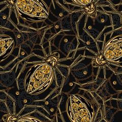 Seamless halloween pattern in steampunk style with gold metallic spiders, spider web of copper rough chains, outline gears behind, rivets. Creative fantasy concept