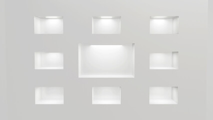 Nine illuminated niches on a white wall. Place for an exhibition. 3D illustration
