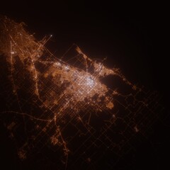 La Plata (Argentina) street lights map. Satellite view on modern city at night. Imitation of aerial view on roads network. 3d render