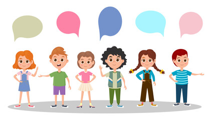 Small children communicate with each other.Children talk using speech bubbles.Vector graphics.