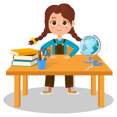 The child is learning.A little girl is doing her homework.Vector graphics