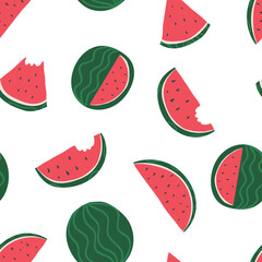Watermelon seamless pattern on the white background. Summer ripe fruits concept. A delicious slices with seeds.