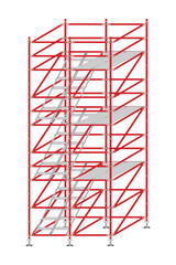 Mobile scaffolding, white background, used in construction areas.