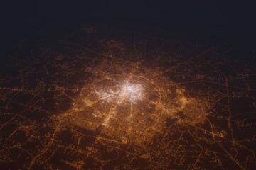 Aerial shot of Lexington (Kentucky, USA) at night, view from south. Imitation of satellite view on modern city with street lights and glow effect. 3d render