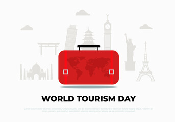 World tourism day background banner poster with red suitcase and tourist icon building on september 27.