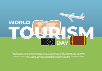 World tourism day background banner poster with airplane, camera, suitcase and earth map on september 27.
