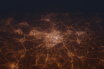 Aerial shot of Tilburg (Netherlands) at night, view from south. Imitation of satellite view on modern city with street lights and glow effect. 3d render
