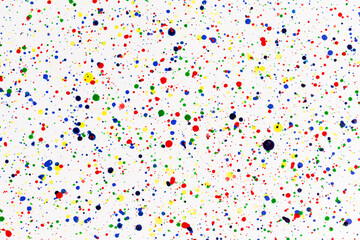 Paint splatters on bright material. Watercolor on white paper.