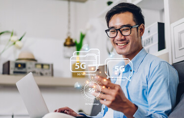 Portrait of asian businessman use digital smartphone with business technology link internet connection network earth global world wireless 5G network high-speed internet.metaverse and technology