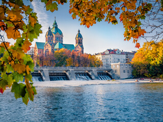 Colorful autumn view of Landmark Protestant St. Luke's Church. Exciting morning cityscape of Munich, Bavaria, Germany, Europe. Traveling concept background.