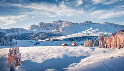 Snowy hills of Alpe di Siusi village. Bright winter landscape of Dolomite Alps. Attractive outdoor...
