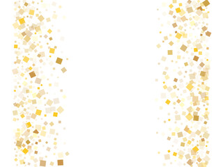 Stylish gold square confetti tinsels flying on white. Shiny holiday vector sequins background. Gold foil confetti party elements isolated. Overlay sparkles party background.