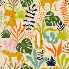 seamless pattern with leopards and tropical leaves