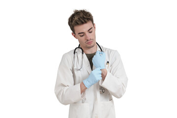 Young caucasian male doctor wearing blue gloves. Isolated over white background.