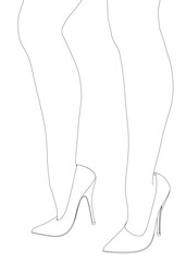 The contour of female legs in high-heeled shoes of their black lines isolated on a white background. Sexy female legs. Vector illustration.