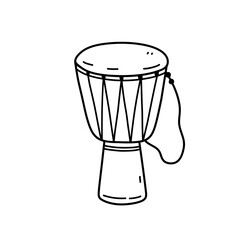 Djembe drum isolated on white background. Vector hand-drawn illustration in doodle style. Perfect for cards, decorations, logo, various designs. African musical instrument.