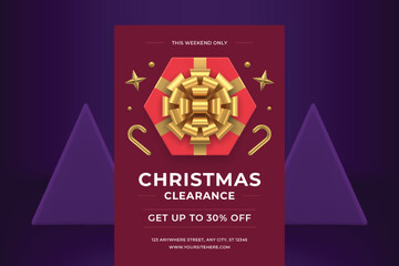Red wrapped gift box Christmas sale seasonal shopping offer flyer template realistic 3d icon vector