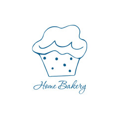Cupcake shop logo. Round linear logo of cake store. Hand-drawn maffin emblem. Home backery design concept. 