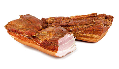 A smoked piece of bacon isolated on a white background