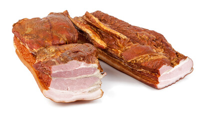 A smoked piece of bacon isolated on a white background