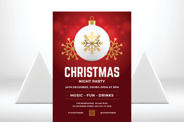 Red Christmas night party announcement flyer template spruce ball toy snowflake 3d icon vector