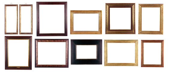 Collection of Old antique wooden and golden frame isolated on white