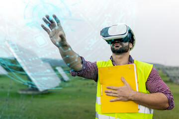 Male technician examining scheme in virtual reality