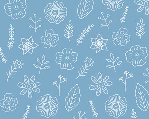 北欧花柄白線画イラスト背景（水色）