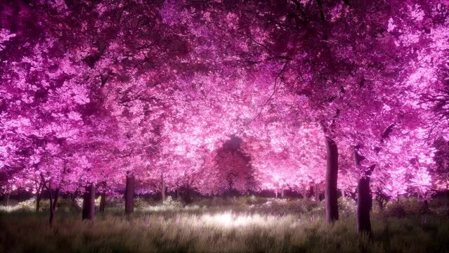 A beautiful night cherry blossom forest colored with pink light 1