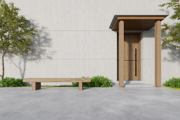 3d rendering of rough concrete building with wooden entrance door.