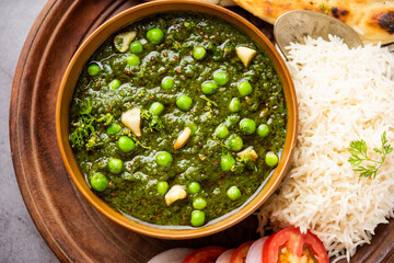 palak matar curry also known as spinach geen peas masala sabzi or sabji, indian food