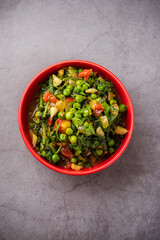 palak matar curry also known as spinach geen peas masala sabzi or sabji, indian food