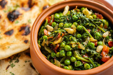 palak matar curry also known as spinach geen peas masala sabzi or sabji, indian food