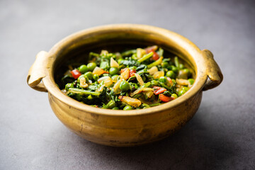 palak matar curry also known as spinach geen peas masala sabzi or sabji, indian food