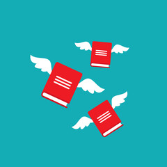 red books with wings isolated on blue background. Vector flat illustration. Magic fairytale reading logo. Imagination and inspiration picture. Fantasy. Creative kids