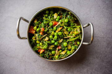 palak matar curry also known as spinach geen peas masala sabzi or sabji, indian food