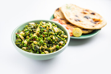 palak matar curry also known as spinach geen peas masala sabzi or sabji, indian food