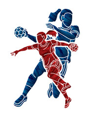 Group of Handball Players Female Mix Action Cartoon Sport Graphic Vector