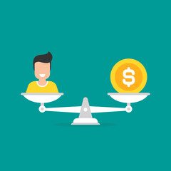 White mechanical scales with dollar coin and man in pans. Technology or innovation value concept. work and life balance. Human resources, labour and salary pay scale.