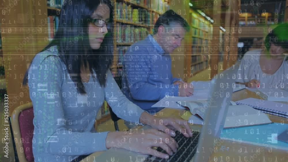 Poster animation of binary code over college students studying with books and laptop in library