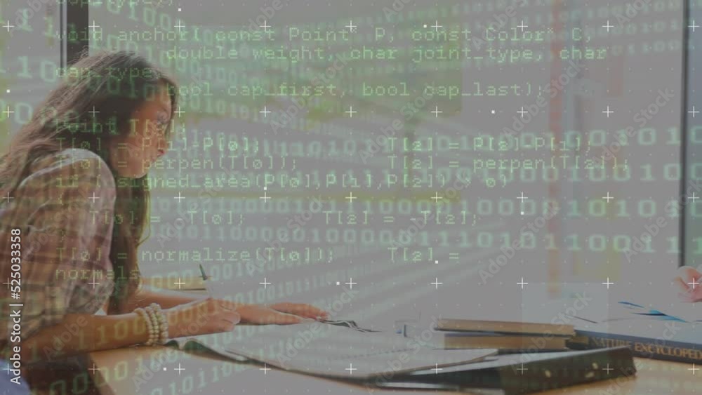 Poster animation of binary code and programming language over caucasian students studying at desk