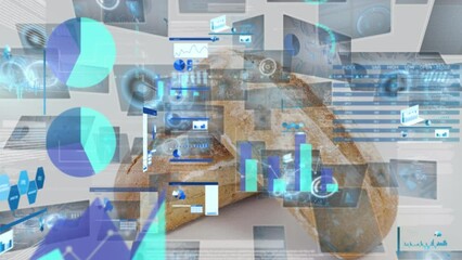 Animation of graphs, charts with data processing on digital interface against bread loafs on table - Powered by Adobe