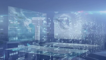 Animation of server room against digital interface with caucasian woman eye and security camera - Powered by Adobe