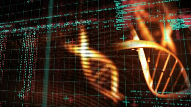 Animation of glowing dna helix and programming language against grid pattern